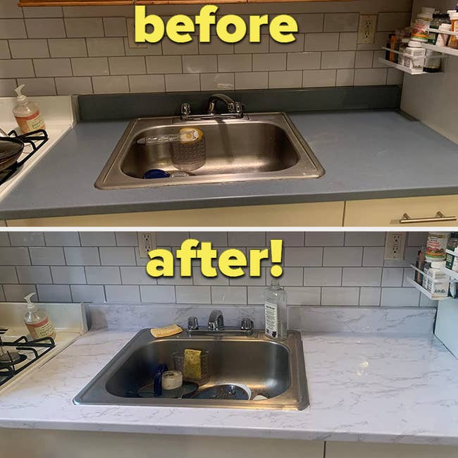 reviewer before photo of blue kitchen counter and after photo with marble adhesive