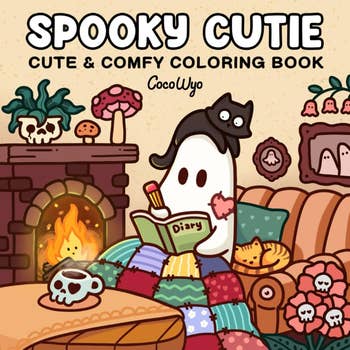 Ghost under a cozy quilt, with a black cat and diary, sits by a fireplace. Surrounding are spooky plants and a skull mug, from