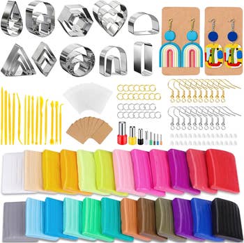 Polymer clay earring-making kit with molds, tools, hooks, colorful clay blocks, and accessory components for customized jewelry creation