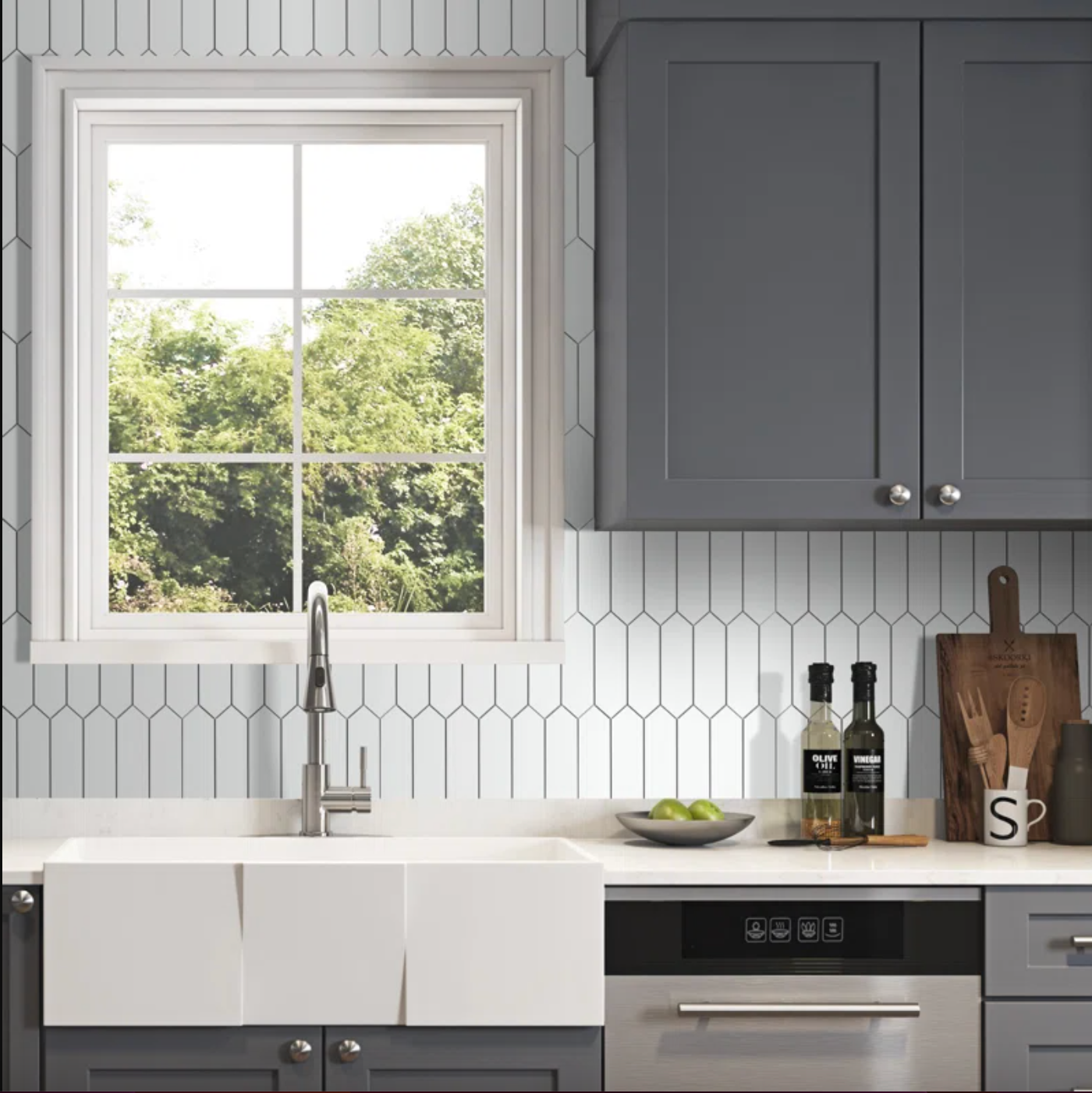 kitchen with peel-and-stick mosaic tiles