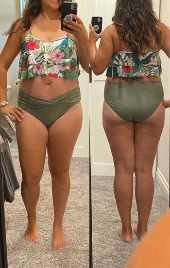 reviewer wearing the sage green bottoms and showing the front and back