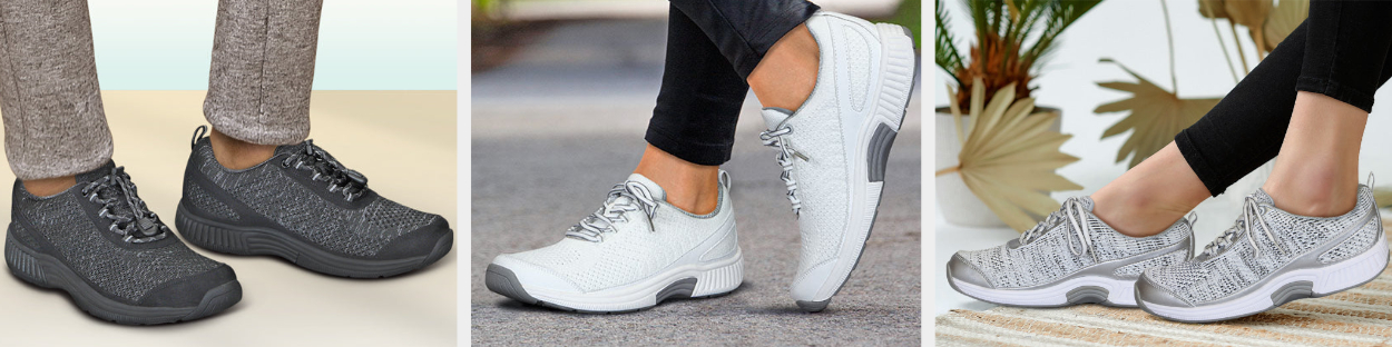 Three images of models wearing black, white, and gray sneakers