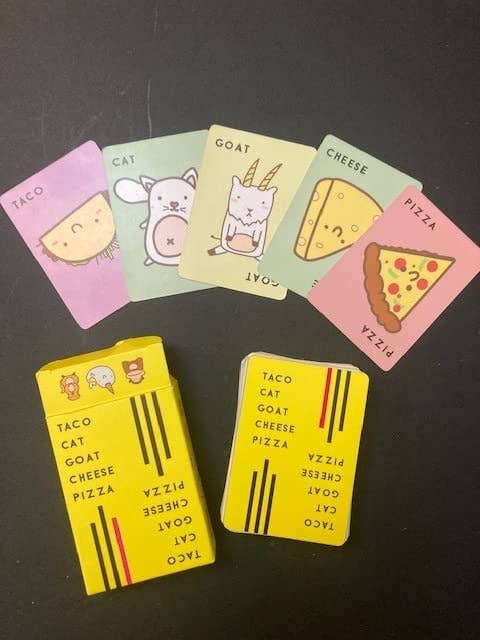 A few card from the deck of taco cat goat cheese pizza