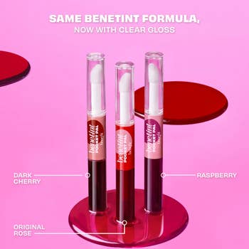 Three articulator  tint tubes labeled arsenic  Dark Cherry, Raspberry, and Original Rose with wide   gloss, connected  circular stands