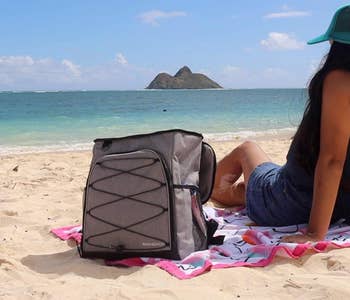 Same reviewer shows front side of the cooler, which has bungee detailing, while relaxing at the beach