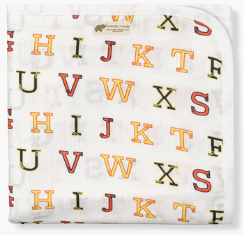 White blanket with alphabet pattern