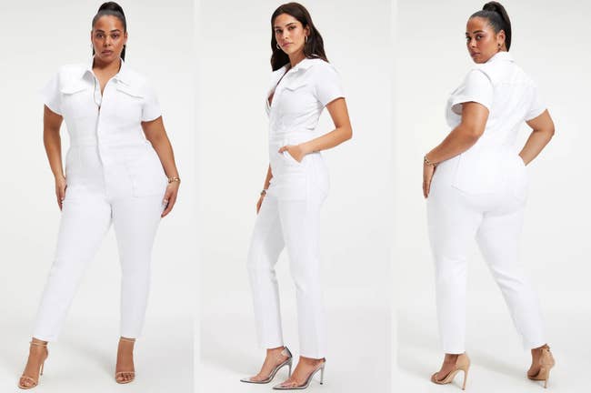 Three images of models wearing white jumpsuits