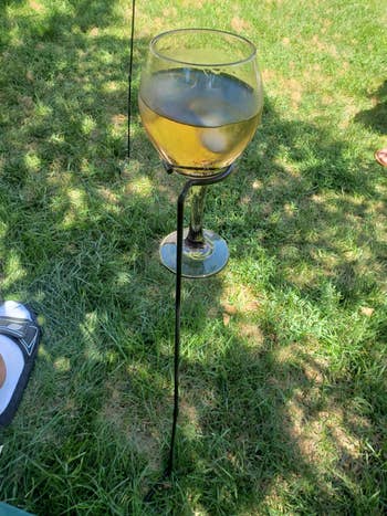 Wine solid with achromatic vino connected a stem stand, placed connected a grassy lawn. Sandaled ft disposable successful the corner