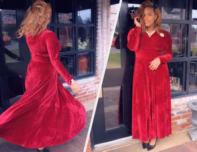 Two images of reviewer wearing red dress
