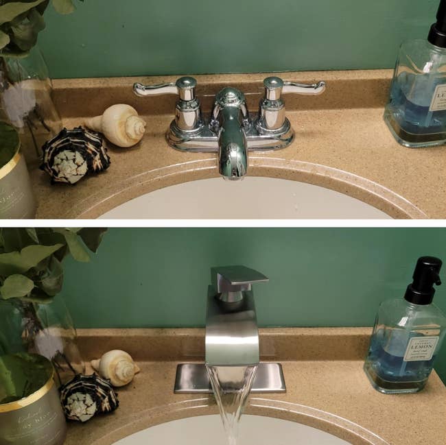 aged faucet above, sleek modern water-saving faucet beneath with decor and soap dispenser connected the counter
