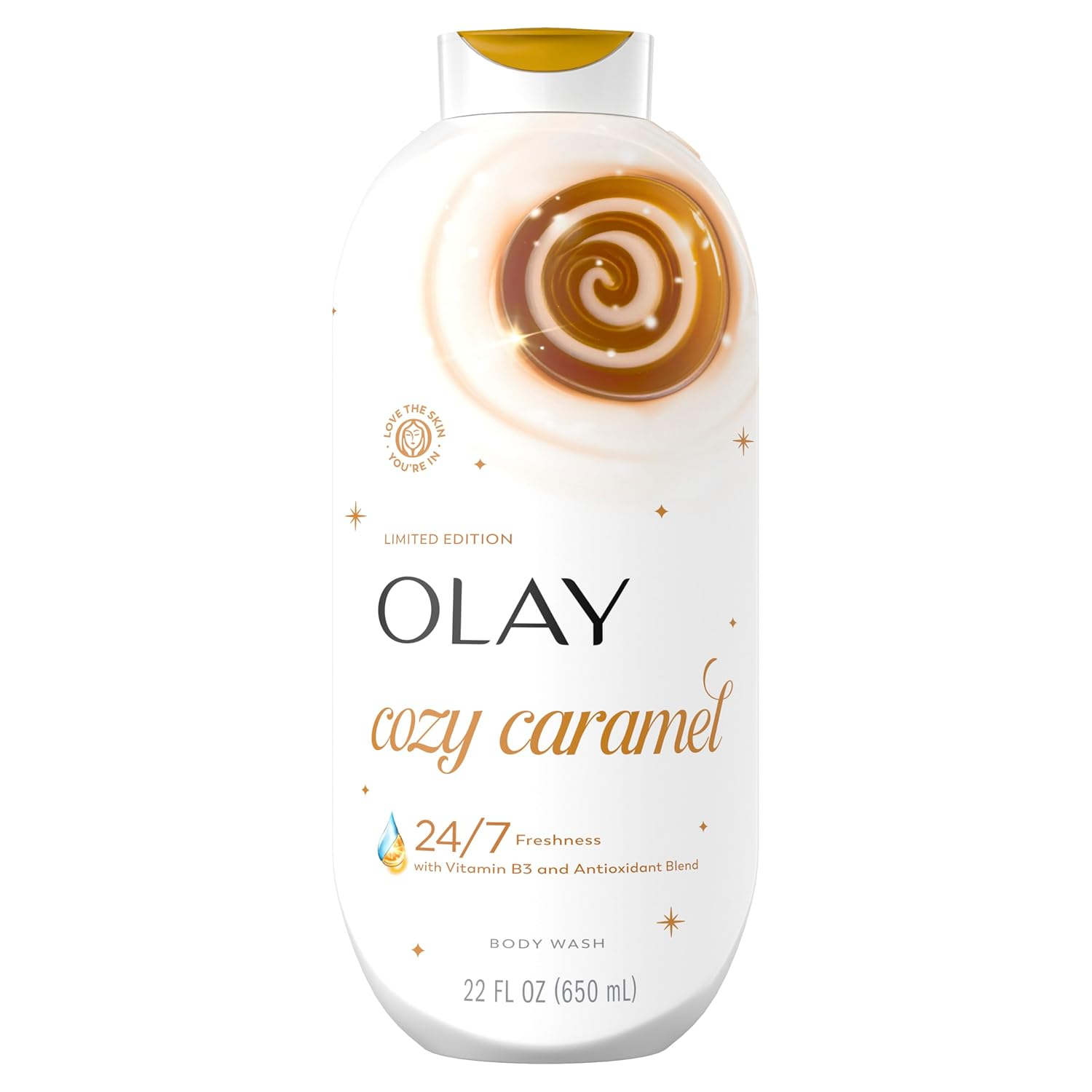 Olay Limited Edition Cozy Caramel Body Wash, 22 fl oz bottle, offering 24/7 freshness with Vitamin B3 and antioxidant blend