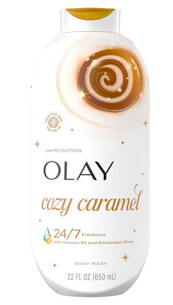 Olay Limited Edition Cozy Caramel Body Wash, 22 fl oz bottle, offering 24/7 freshness with Vitamin B3 and antioxidant blend