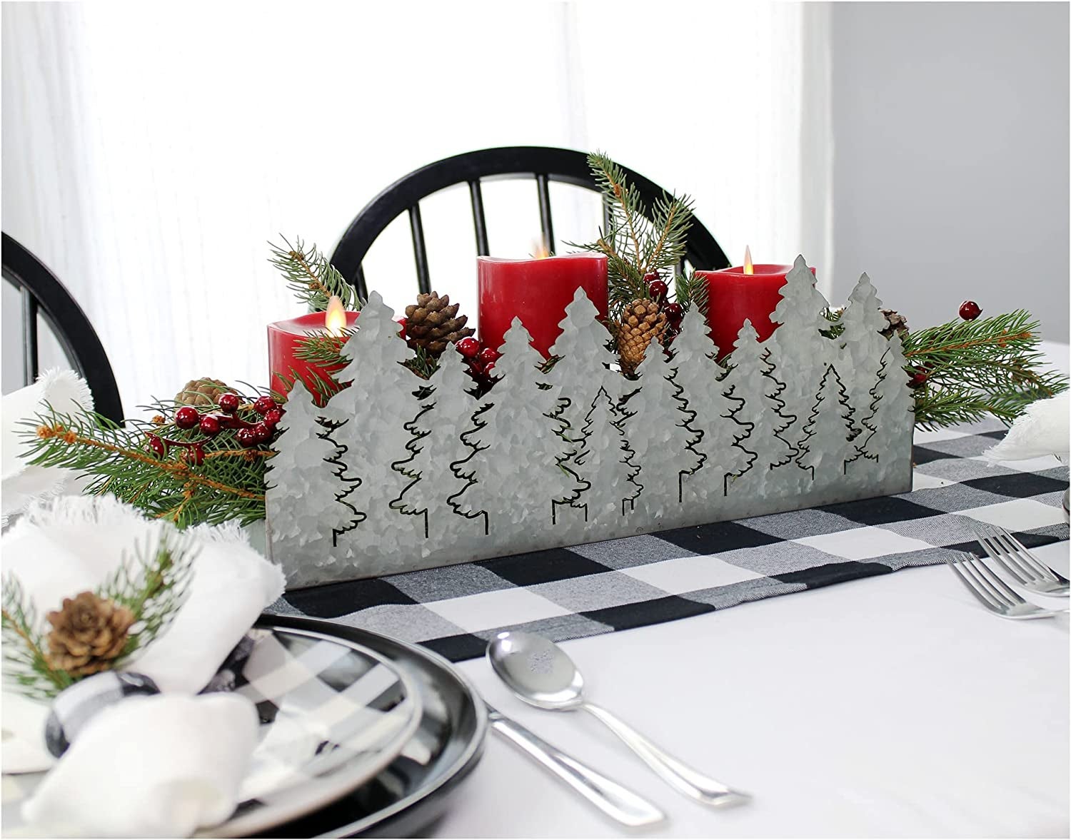 the galvanized tin tray holding red pillar candles