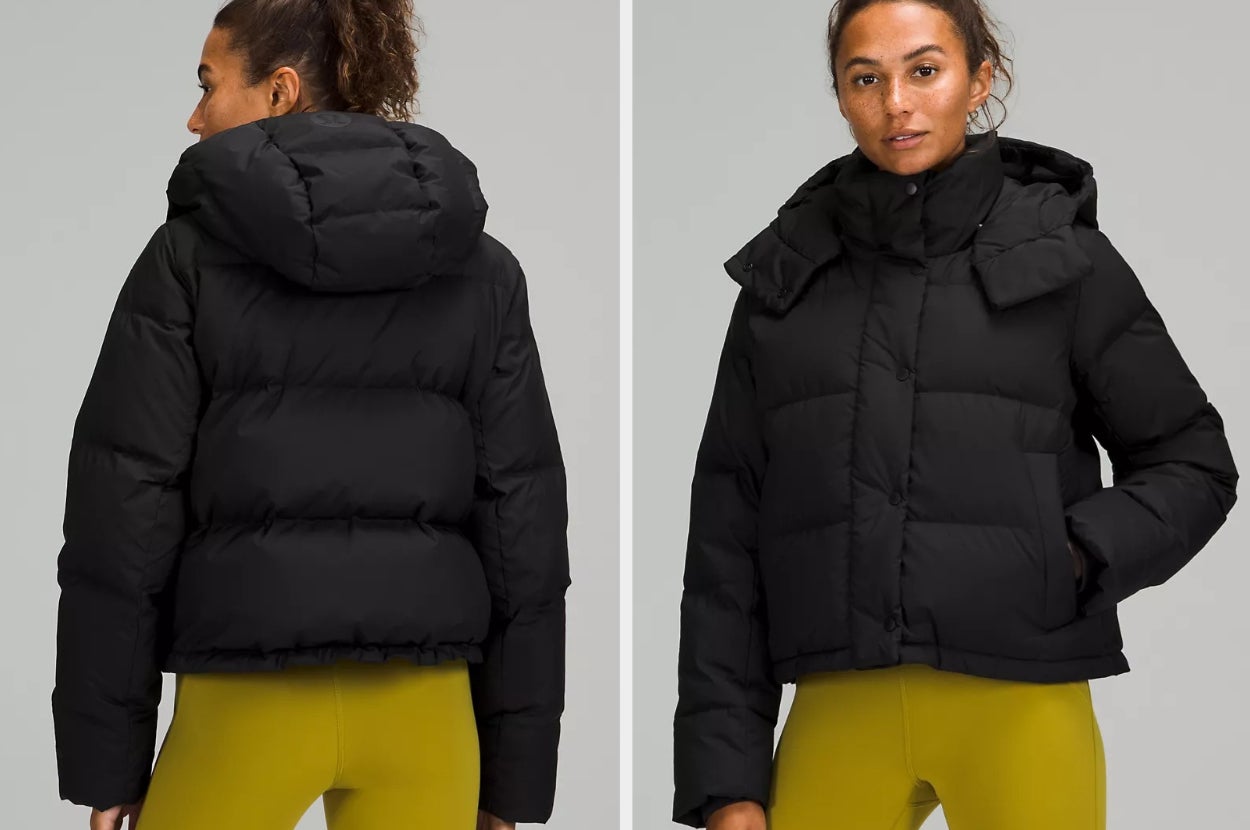 Two images of a model wearing the black jacket