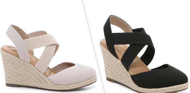 Two images of beige and black sandals