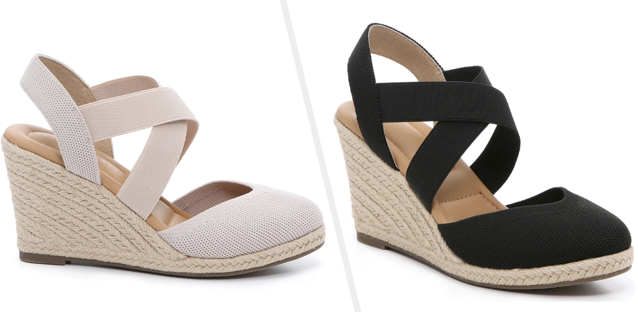 Two images of beige and black sandals