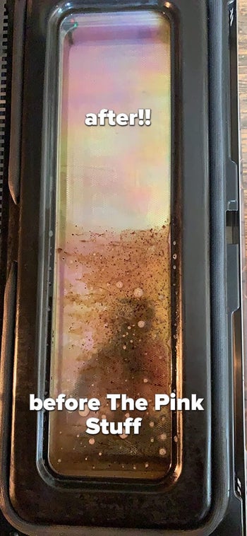 reviewer image of their oven door half covered in gunk and the other half after using The Pink Stuff now completely clean