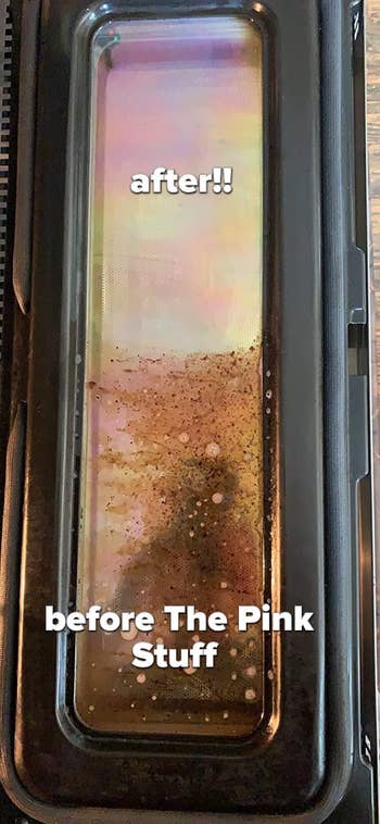reviewer image of their oven door half covered in gunk and the other half after using The Pink Stuff now completely clean