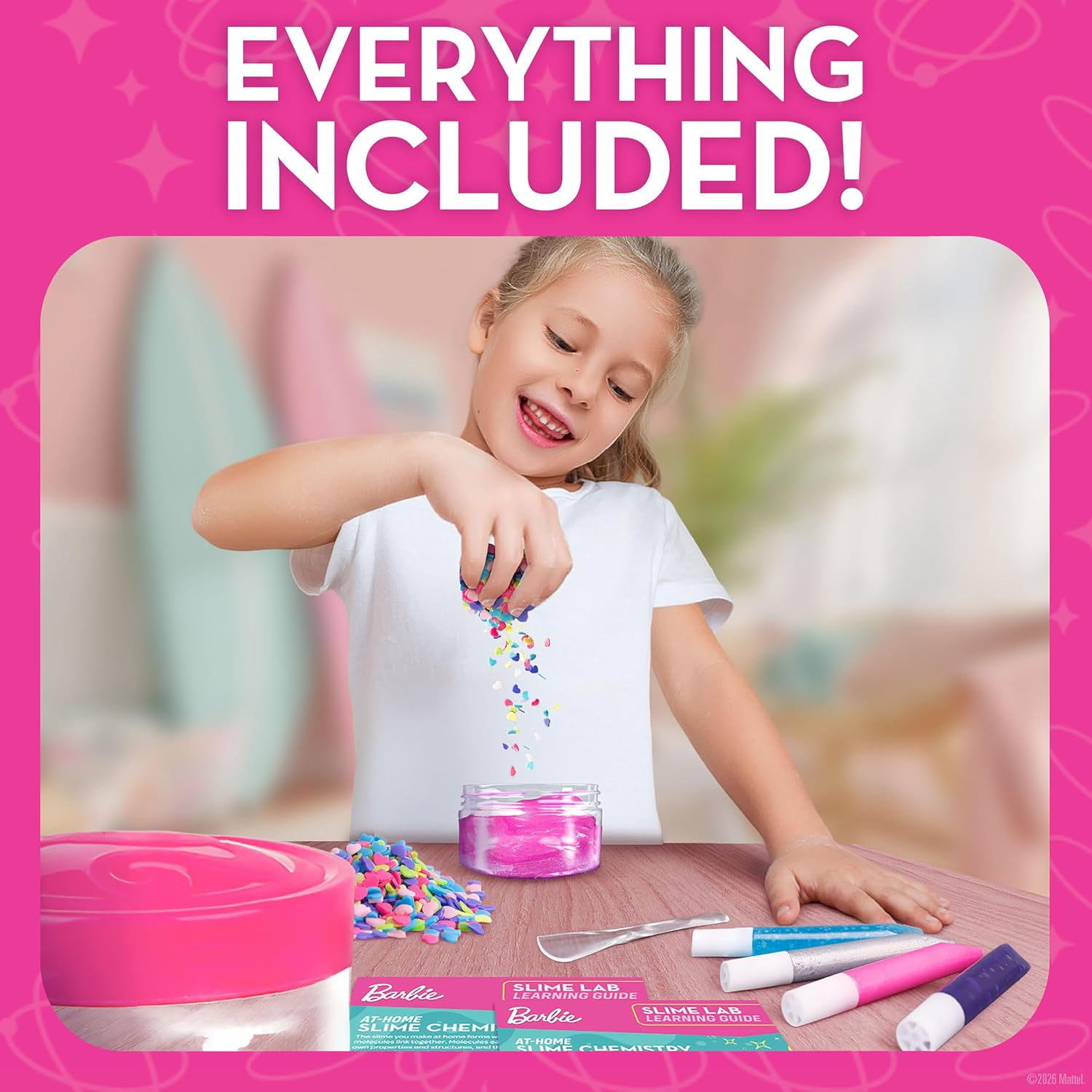 Child pouring colorful sprinkles into a jar, surrounded by crafting tools and materials connected  a table
