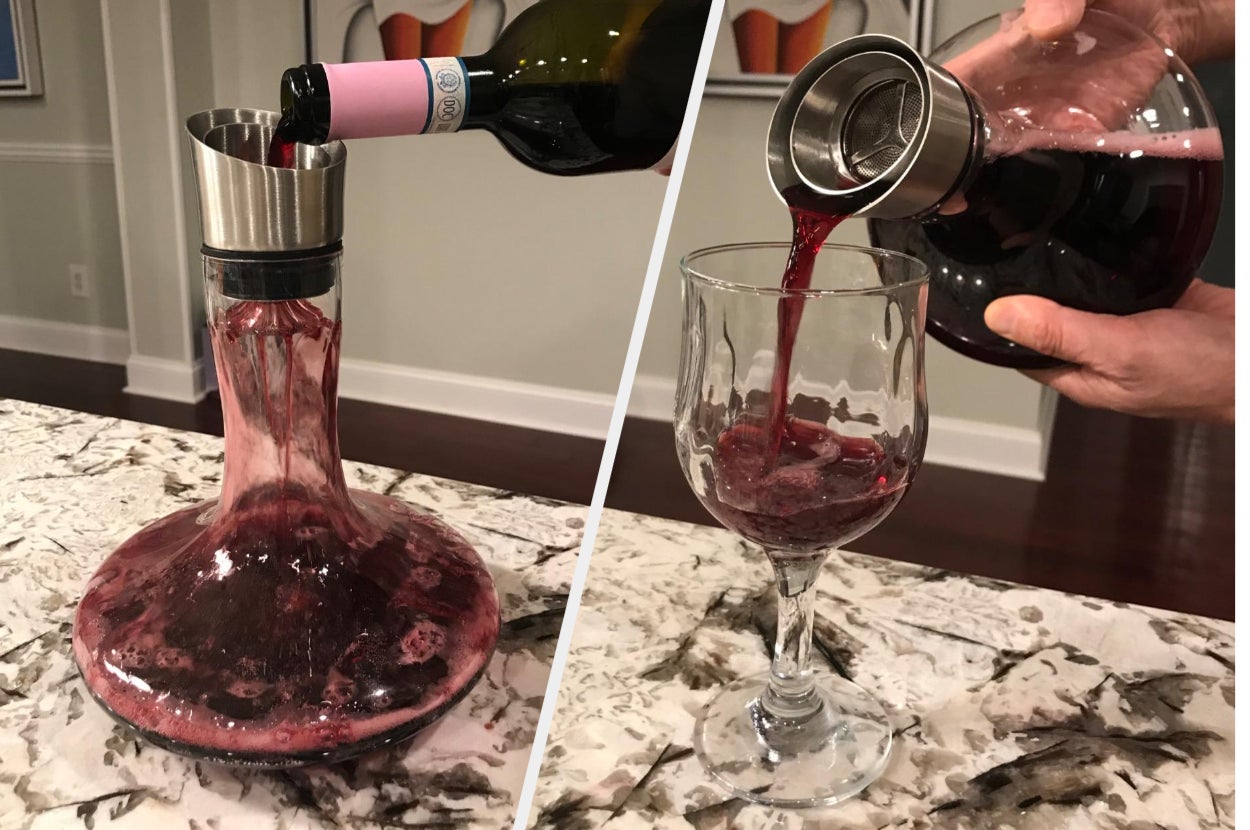Two images of reviewer using wine decanter for red wine