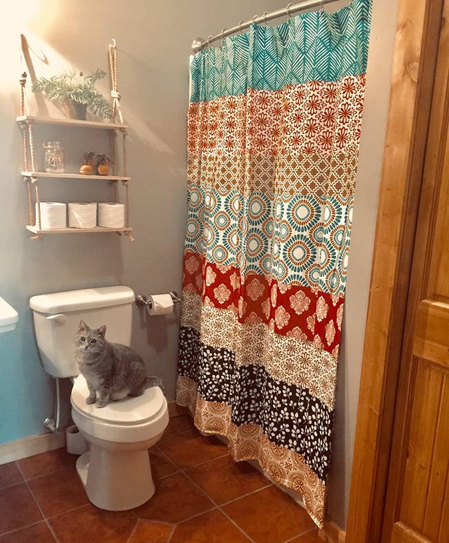 a reviewer photo of a bathroom with the shower curtain hung up and a cat sitting on a toilet 