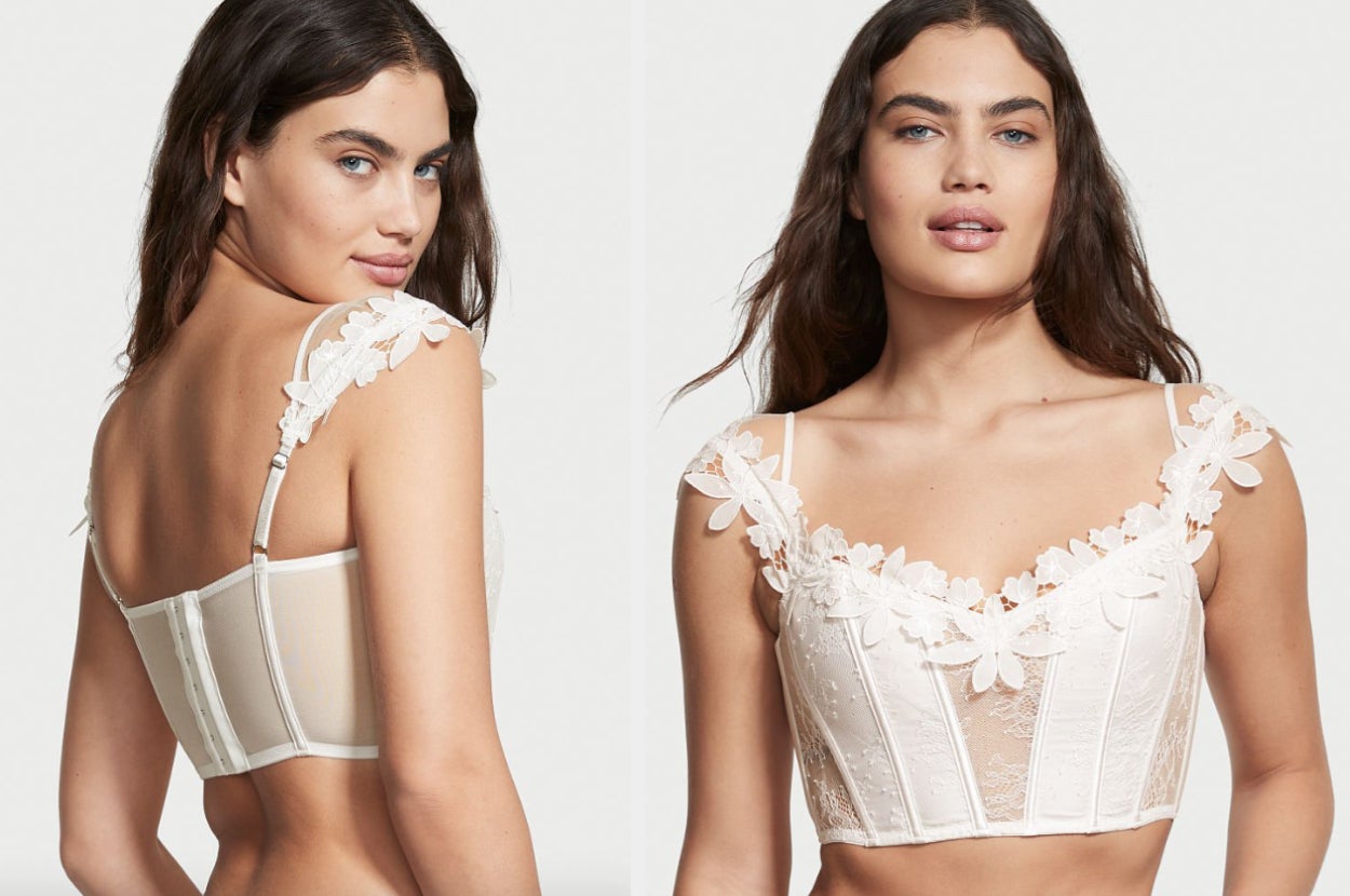 Two images of models wearing white corset top