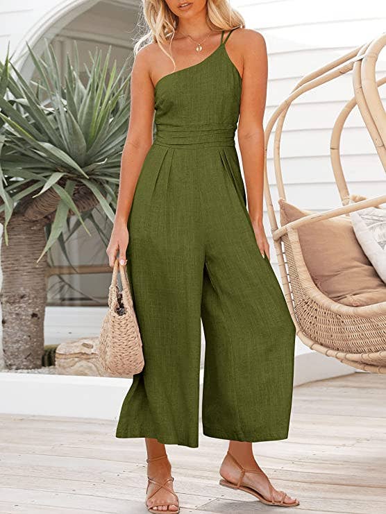 model wearing the olive green jumpsuit with strappy sandals