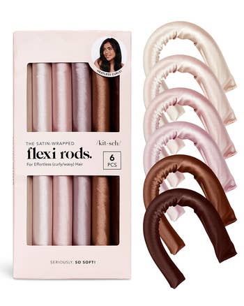 Packaging of 6 satin-wrapped flexi rods for hair styling with a photo of a woman demonstrating their use