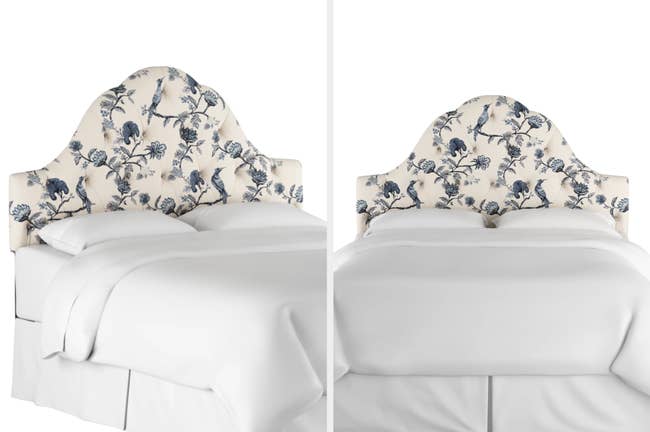 Cream and blue floral and bird patterned tufted headboard attached to bed with white bedding on a white background
