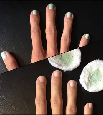 a reviewer's hand before and after removing their mint green nail polish 