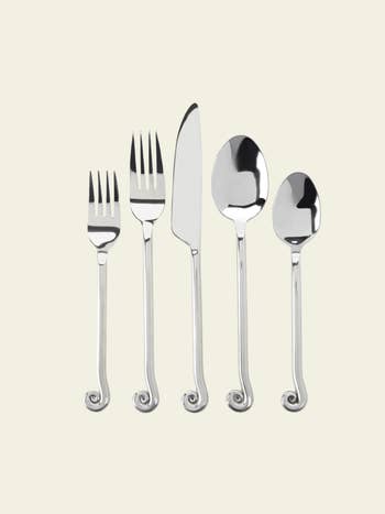 Five-piece metallic cutlery acceptable with spiral grip accents, including a fork, knife, tablespoon, teaspoon, and crockery fork, shown upright