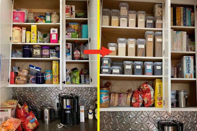 A reviewer's kitchen pantry before and after organization with labeled containers and tidy shelves