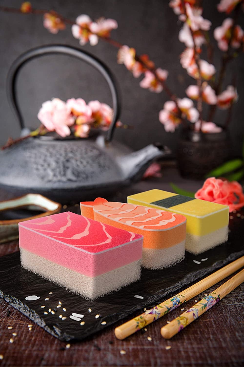 three sponges shaped like different types of sushi