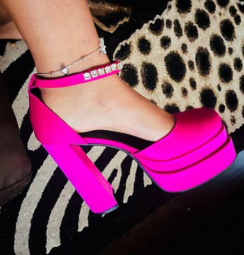 closeup of a reviewer wearing the pink heel