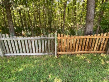 reviewer's fence with one side gray and dirty and the other side power washed clean