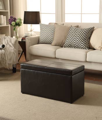 Living room with a sofa, patterned cushions, a floor lamp, and a dark leather storage ottoman in front