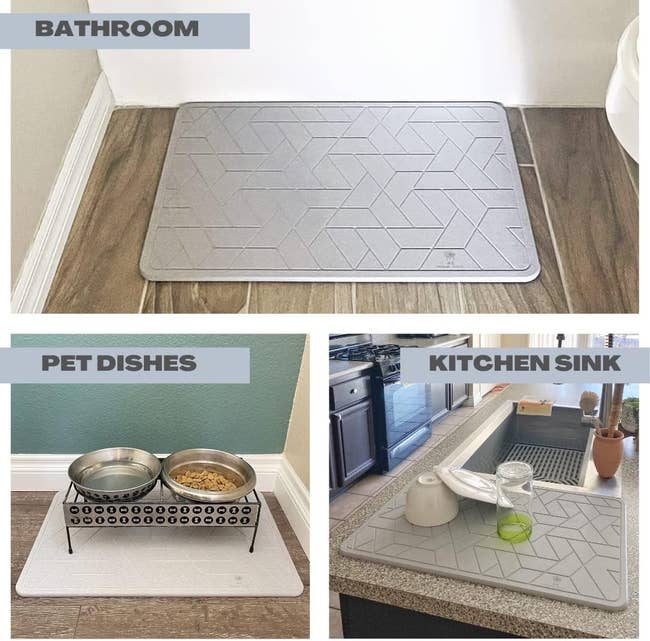 The stone mat being used in the bathroom, as a dish drying rack, and under a pet food and water bowl 