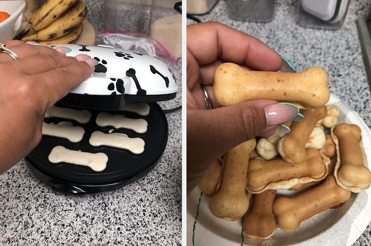 Reviewer using black and white dog treat maker, reviewer holding up cooked treats