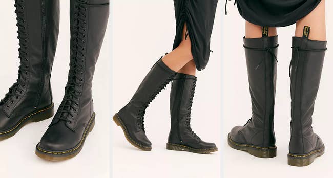 Three images of a model wearing the black combat boots