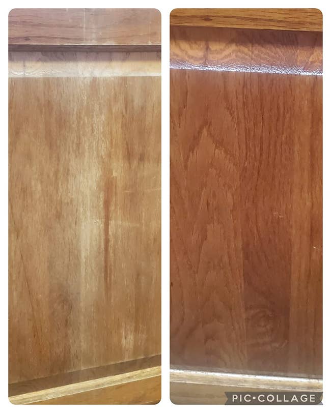 left: reviewer's before photo of old, worn down wood cabinet / right: after photo looking new and polished