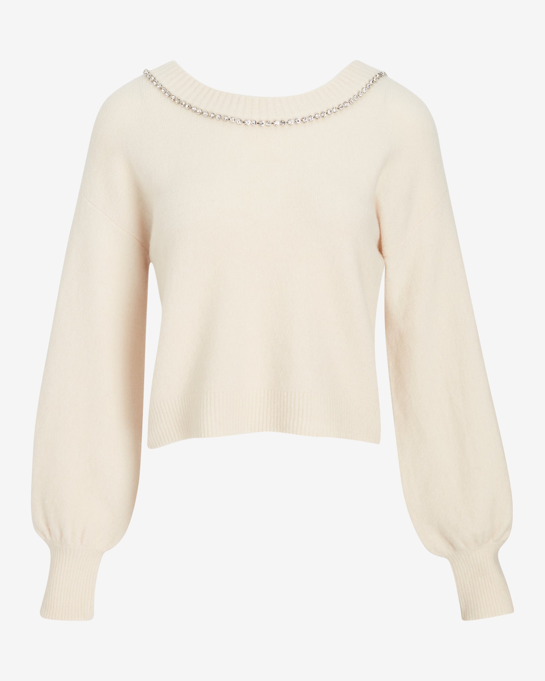 Cream-colored sweater with balloon sleeves and strip of diamond under neck