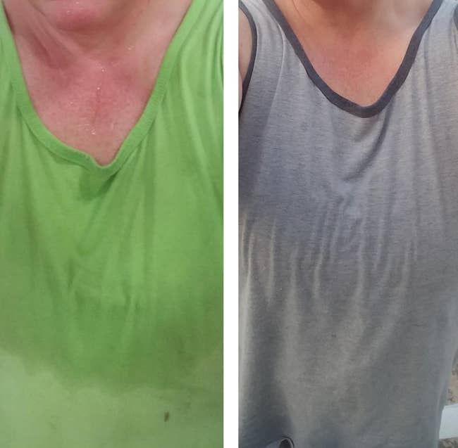 reviewer before using sweat block, shirt drenched, then after with shirt dry