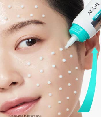 A idiosyncratic applies a skincare merchandise with dotted exertion connected their look utilizing a tube. An arrow suggests upward question for the product's effects