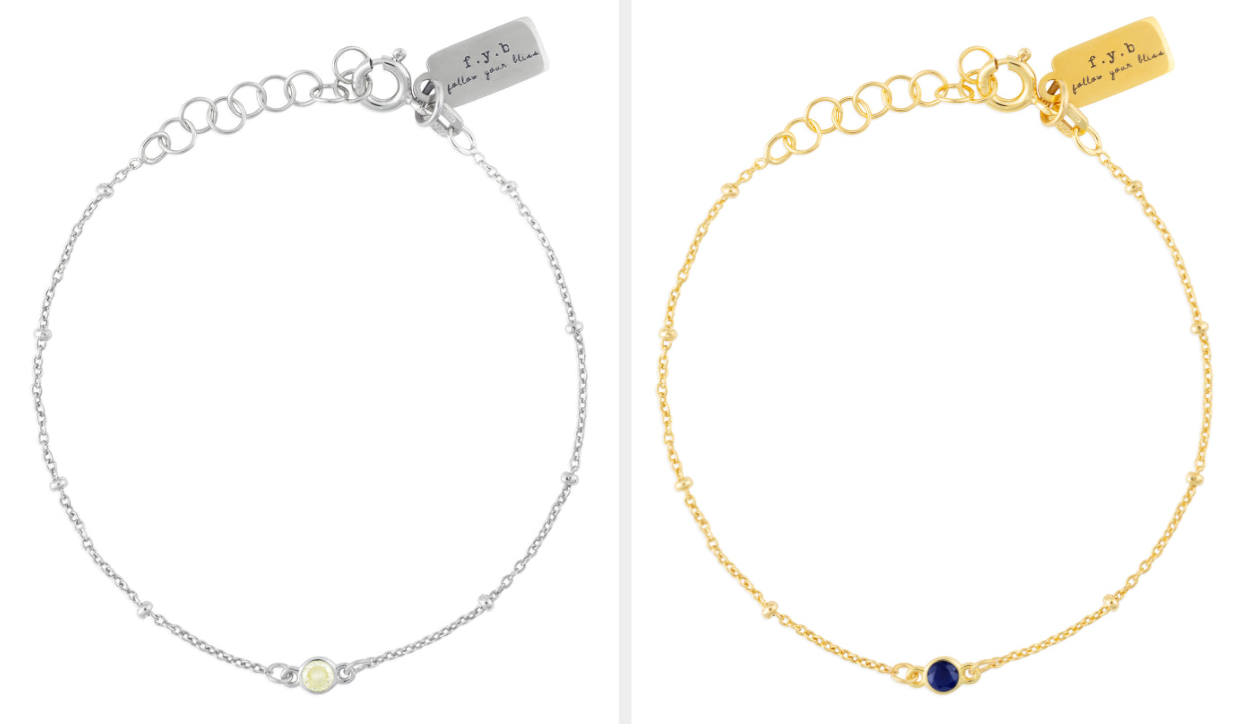 Two images of silver and gold birthstone bracelets