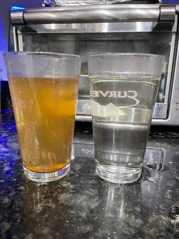 Social media trends Viral content Trending hashtags Social media updates Trending memes and videos image of a cup filled with dirty brown water next to a cup filled with clear water