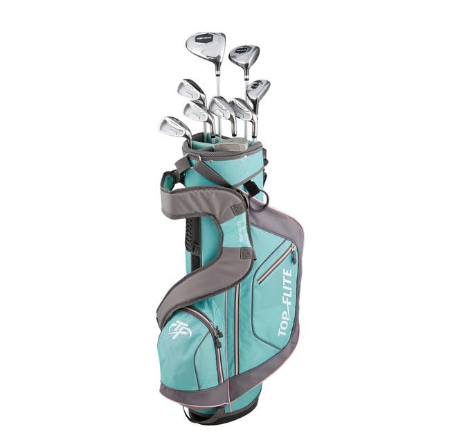 The golf set in a light blue golf bag