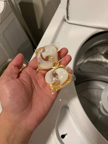 Two laundry detergent pods held successful  a manus  are shown adjacent  to the unfastened  doorway  of a washing machine