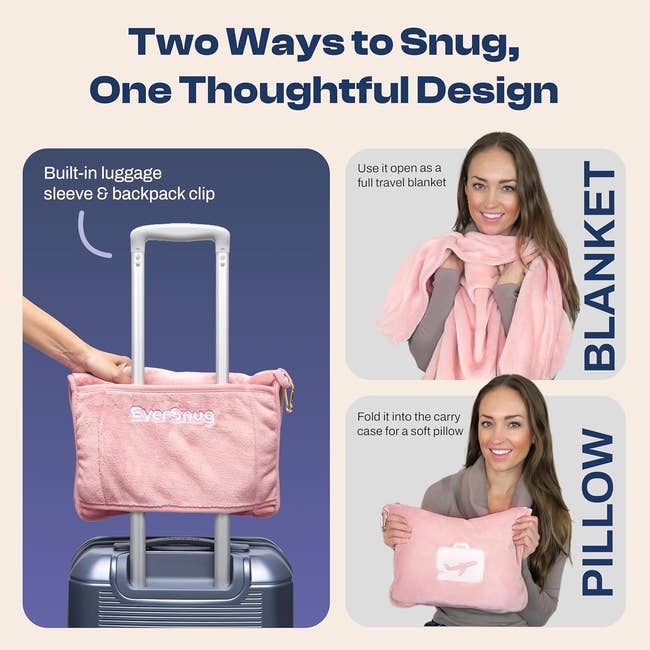 Person shows question broad that converts into a pillow, attached to luggage. Text highlights its dual usage arsenic a cozy broad and compact pillow.
