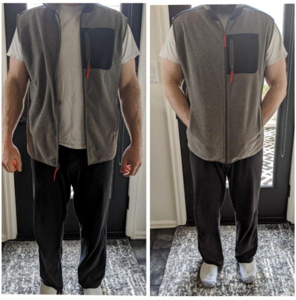 reviewer wearing vest unzipped in left photo and zipped in right photo