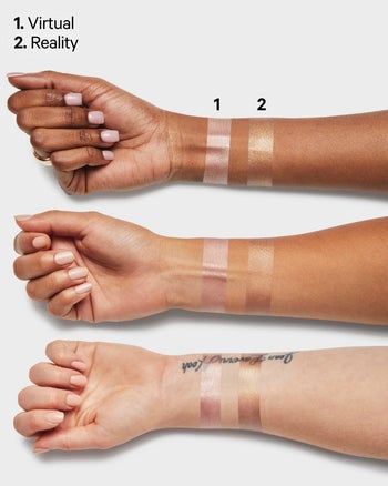 three models with different skintones showing the two shades of the product